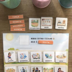 Quadro da rotina escolar com figurinhas ilustradas representando as atividades do dia, como chegada, aulas, lanche, parque e saída.