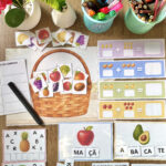 Atividades de alfabetização com alimentos, incluindo sílabas, letras, adição e lista de compras para crianças