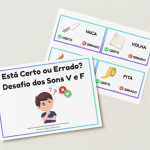 Material pedagógico em PDF com 40 cards ilustrados para trabalhar a diferenciação dos sons V e F. As atividades apresentam imagens e palavras que incentivam a identificação dos fonemas, promovendo o desenvolvimento da consciência fonológica, da atenção e das habilidades iniciais de alfabetização de forma lúdica e interativa.
