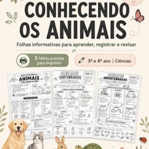 Kit de Ciências com 3 folhas informativas sobre animais, abordando modo de vida, vertebrados e invertebrados, indicado para o 3º e 4º ano.