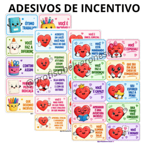 ✨ Pode ser utilizado em qualquer turma! ✨ Você receberá: Arquivo digital pronto para imprimir; 4 páginas de material; 82 adesivos de incentivo; Frases motivadoras e positivas; Ilustrações variadas e coloridas; Algumas frases aparecem repetidas com imagens diferentes, trazendo mais variedade para usar ao longo do ano.
